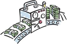 Machine making small stacks of currency into larger stacks.