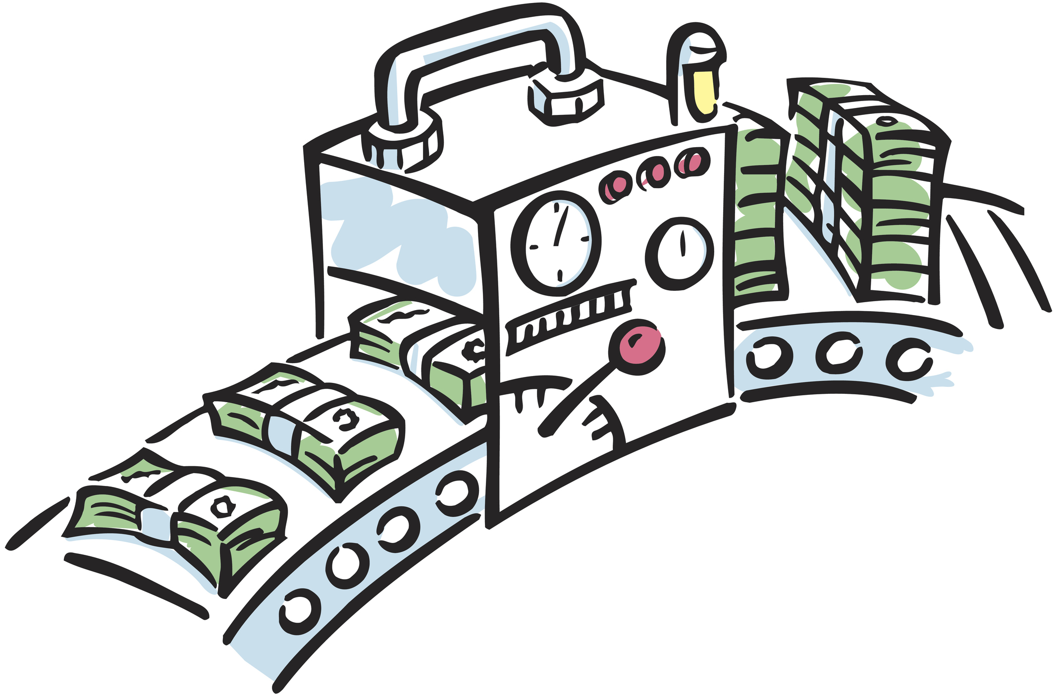 Machine making small stacks of currency into larger stacks.