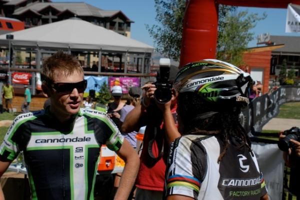 Alex Grant chats with Tinker Juarez after a good battle at the PCP2P. They rode 50 miles together
