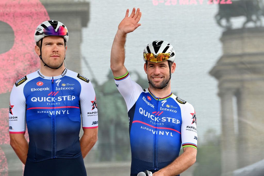 VISEGRAD HUNGARY MAY 06 LR Bert Van Lerberghe of Belgium and Mark Cavendish of United Kingdom and Team QuickStep Alpha Vinyl during the team presentation prior to the 105th Giro dItalia 2022 Stage 1 a 195km stage from Budapest to Visegrd 337m Giro WorldTour on May 06 2022 in Visegrad Hungary Photo by Stuart FranklinGetty Images