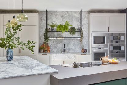 a modern kitchen with an unusual layout