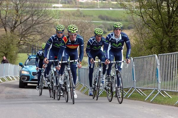 Spanish champion Jose Joaquin Rojas climbs La Redoute with his Movistar teammates.