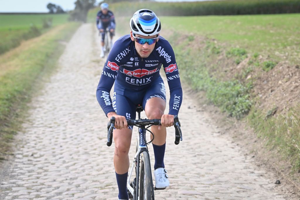 Belgian Gianni Vermeersch of AlpecinFenix pictured in action during a training session ahead of the 118th edition of the ParisRoubaix one day cycling race from Compiegne near Paris to Roubaix Thursday 30 September 2021 Due to the ongoing corona virus pandemic the 2020 edition was cancelled and the 2021 edition was postponed from spring to autumn For the first time there will be a womens race ParisRoubaix as well BELGA PHOTO DAVID STOCKMAN Photo by DAVID STOCKMANBELGA MAGAFP via Getty Images