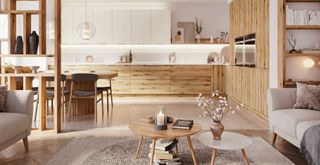 japandi inspired kitchen with wooden cabinets