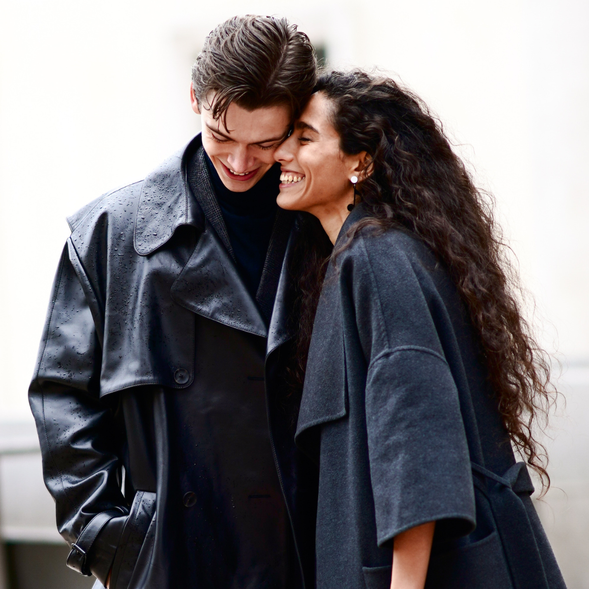 Sex scents Ciinderella B (R) wears a gray long coat ; Mathias Le Fevre (L) wears a black leather long coat and a turtleneck pullover, outside Rokh, during Paris Fashion Week - Womenswear Fall/Winter 2020/2021, on February 29, 2020 