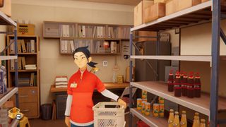 InKONBINI screenshot showing college student Makoto Hayakawa holding a crate in a convenience store with shelves holding bottles