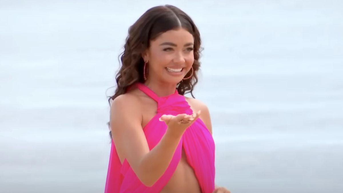 Sarah Hyland in pink beachwear on Love Island USA