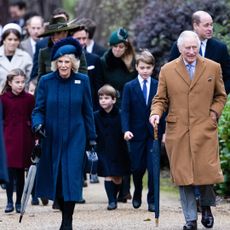 Princess Charlotte, Catherine, Princess of Wales, Camilla, Queen Consort, Prince Louis, Prince George and King Charles III attend the Christmas Day service at Sandringham Church on December 25, 2022.