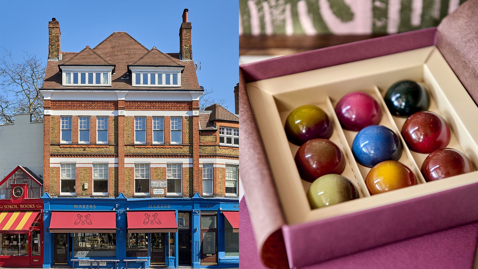 Chocolate shop exterior, and close-up of a box of spherical chocolates