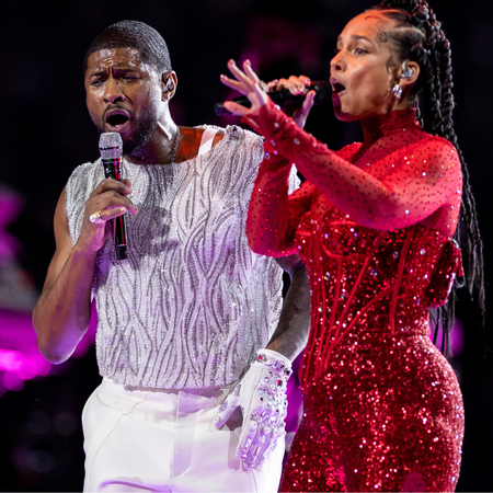 Usher performs with Alicia Keys during the Apple Music halftime show at the NFL Super Bowl 58 football game between the San Francisco 49ers and the Kansas City Chiefs at Allegiant Stadium on February 11, 2024 in Las Vegas, Nevada.