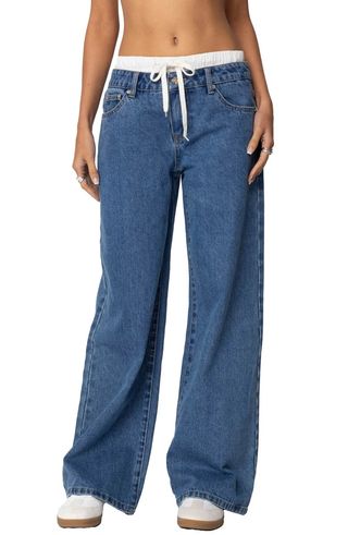 Drawstring Boxer Detail Nonstretch Wide Leg Jeans