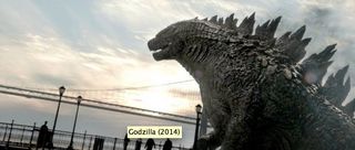 Godzilla rears its fierce face in a 2014 film.