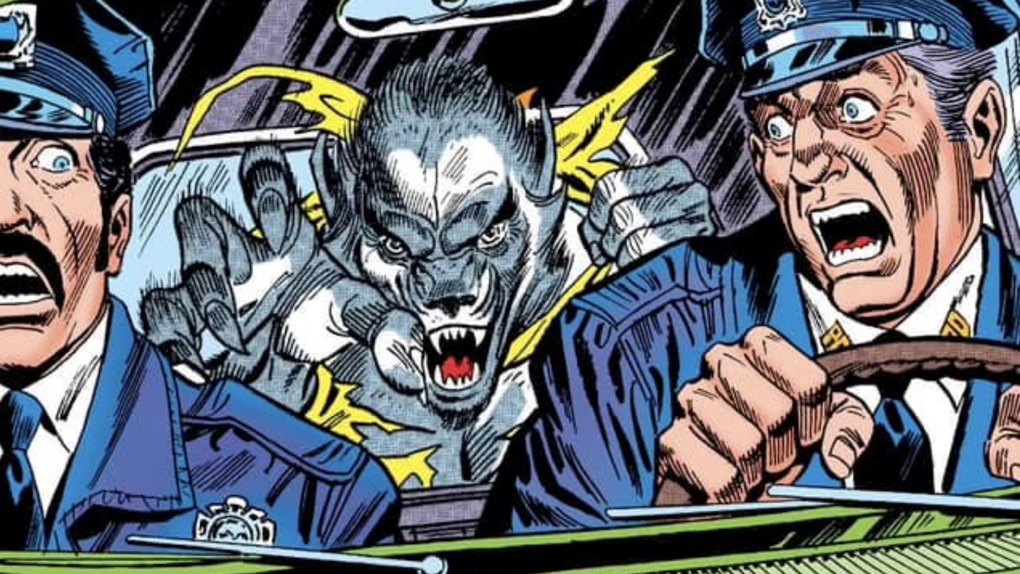 Man-Wolf in backseat of cop car as officers scream in fear on cover of Man-Wolf comic book