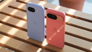 The Google Pixel 9a in Iris compared to the Pixel 9 in Peony.