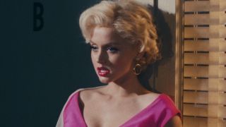 Ana de Armas as Marilyn Monroe wearing pink dress in Blonde