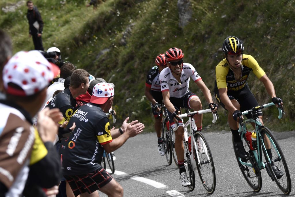 Primoz Roglic at the head of the stage 17 breakaway at the Tour de France