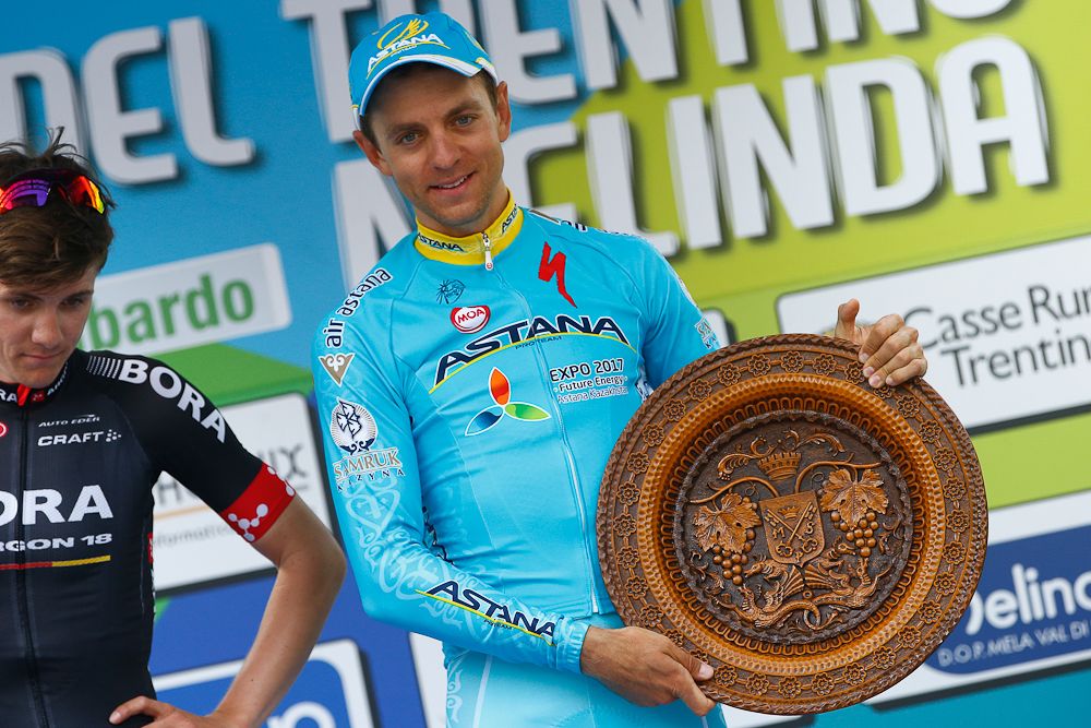 Tanel Kangert (Astana) on the stage 3 podium at the Giro del Trentino