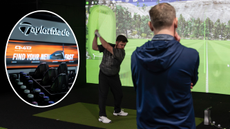 A golfer on his backswing, with a close up of TaylorMade clubs