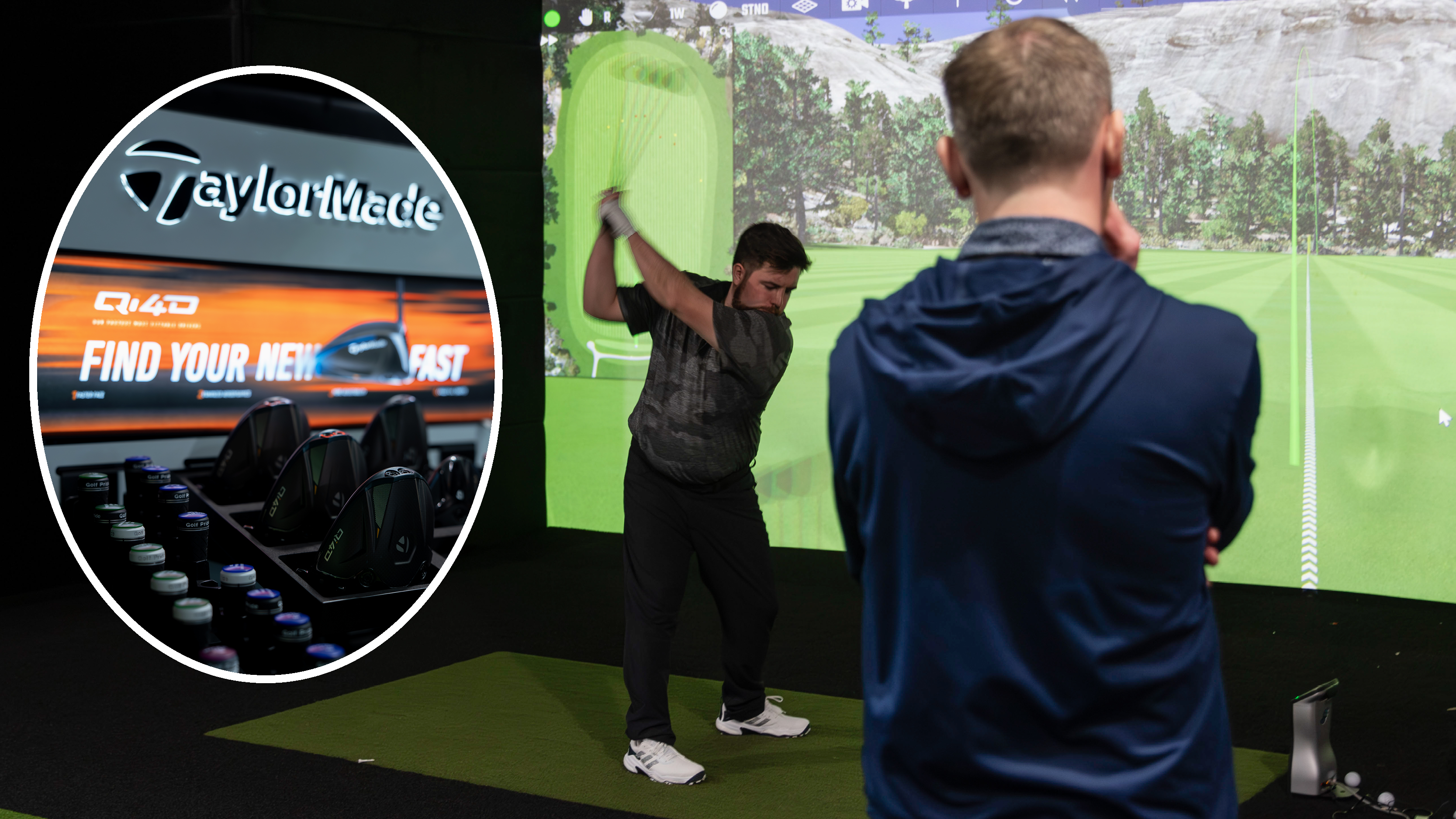 A golfer on his backswing, with a close up of TaylorMade clubs