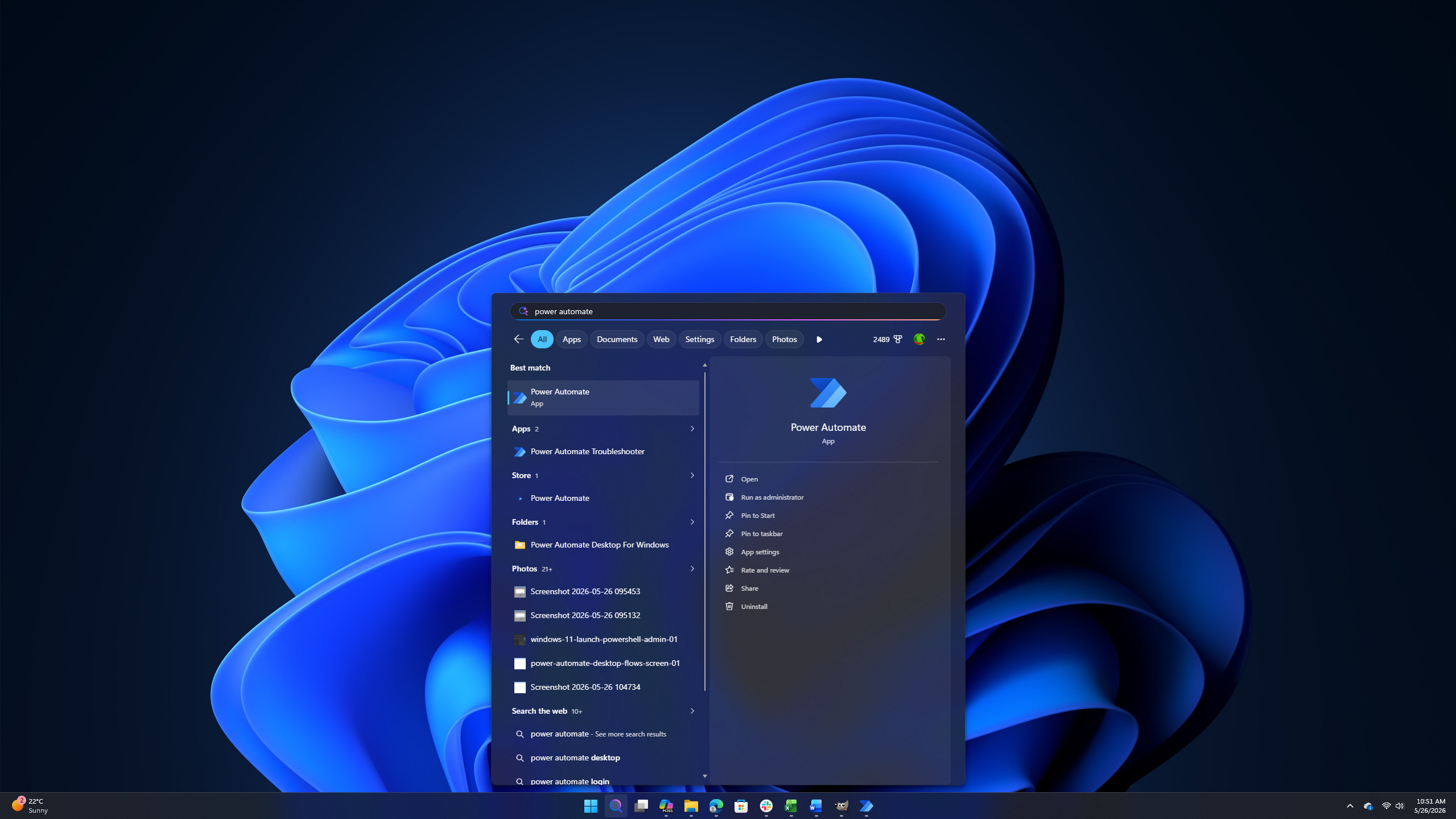 A Windows 11 desktop screen displays the Start menu search results for "Power Automate" with the Power Automate app highlighted.