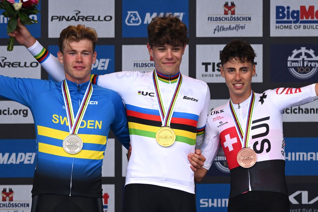 ZURICH SWITZERLAND SEPTEMBER 23 Gold medalist Ivan Romeo of Team Spain Silver medalist Jakob Soderqvist of Team Sweden L and Bronze medalist Jan Christen of Team Switzerland R pose on the podium during the 97th UCI Cycling World Championships Zurich 2024 Mens U23 Individual Time Trial a 299km one day race from Zurich to Zurich on September 23 2024 in Zurich Switzerland Photo by Dario BelingheriGetty Images