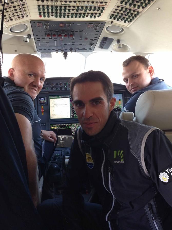 Alberto Contador in the cockpit of Oleg Tinkov's private jet.