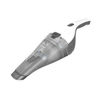 A small handled vacuum cleaner with a white plastic handle and a translucent grey nozzle