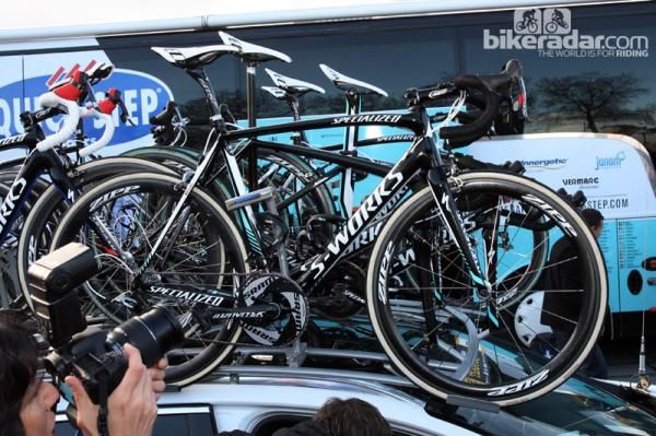 Tom Boonen's (Omega Pharma-Quick Step) Specialized S-Works Tarmac SL4 is fitted with SRAM's new Red group, Zipp 303 carbon tubulars and cockpit components, FMB tubular tires, and Look K&eacute;O Blade pedals.