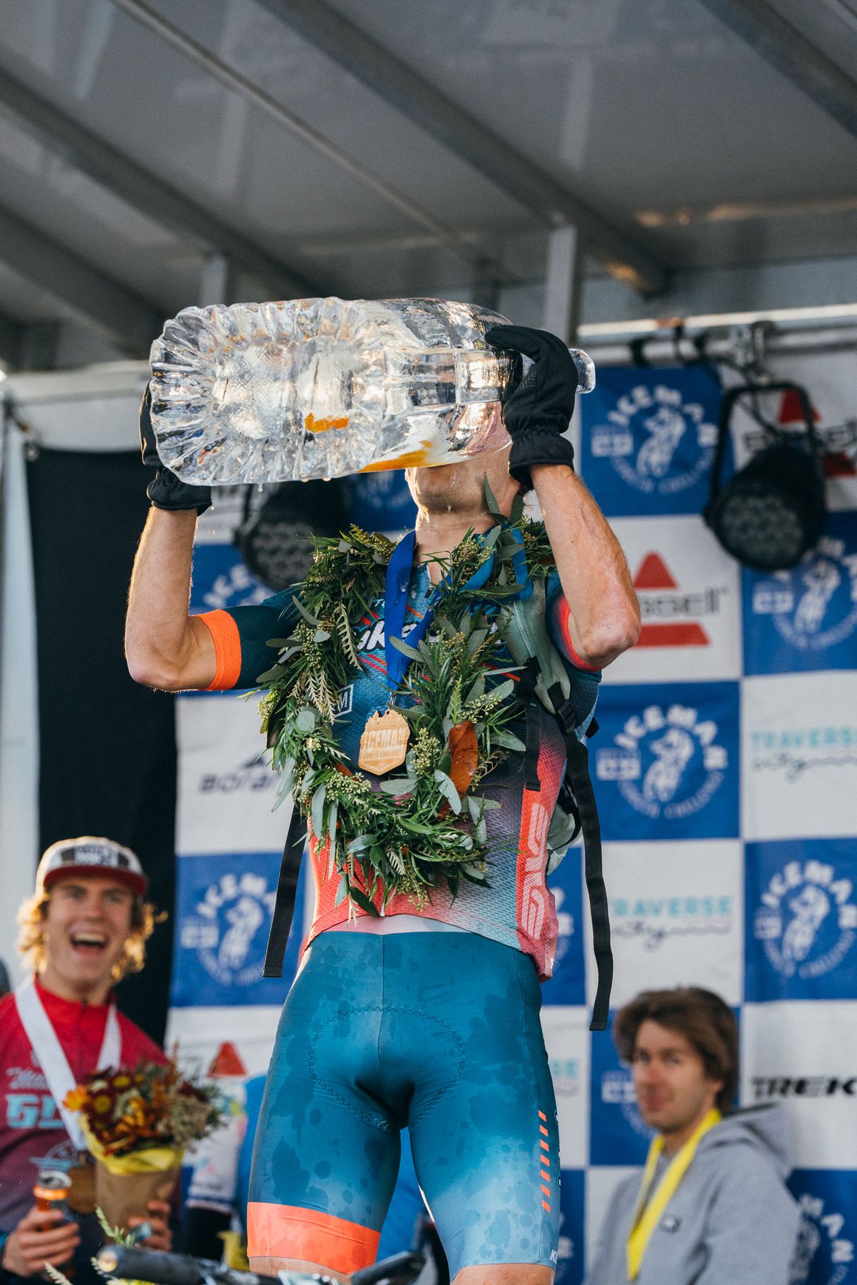 2023 Iceman Cometh winner Alexey Vermeulen demonstrates how to celebrate the Ice Trophy with Bell's Beer