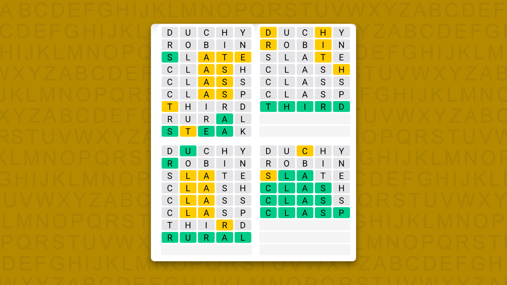 Quordle answers for game 1720 on a yellow background
