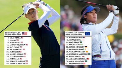 Nelly Korda and Celine Boutier hitting shots with US and Europe Solheim Cup player rankings overlayed