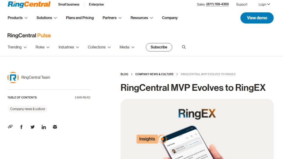 Website screenshot of RingCentral MVP (March, 2026)
