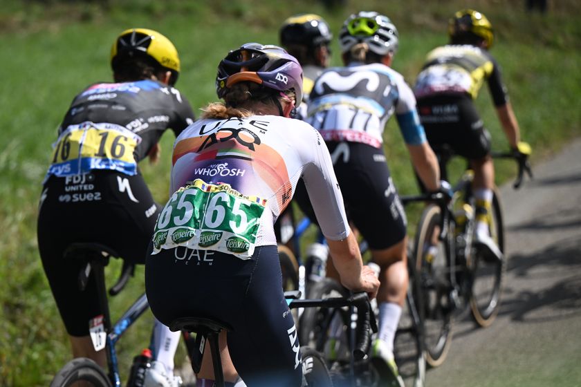 SAINT-FRANCOIS LONGCHAMP, FRANCE - AUGUST 02: Detailed view of Maeva Squiban of France and UAE Team ADQ competes during the 4th Tour de France Femmes 2025, Stage 8 a 111.9km stage from Chambery to Saint-Francois Longchamp - Col de la Madeleine 1986m / #UCIWWT / on August 02, 2025 in Saint-Francois Longchamp, France. (Photo by Szymon Gruchalski/Getty Images)