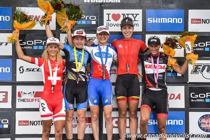 Elite women's cross country podium in Windham, New York: Jolanda Neff, Tanja Zakelj, Catharine Pendrel, Annika Langvad, Blaza Klemencic