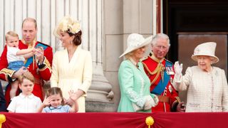 Prince William, Duke of Cambridge, Catherine, Duchess of Cambridge, Prince Louis of Cambridge, Prince George of Cambridge, Princess Charlotte of Cambridge, Camilla, Duchess of Cornwall, Prince Charles, Prince of Wales and Queen Elizabeth II watch a flypast from the balcony of Buckingham Palace during Trooping The Colour, the Queen's annual birthday parade, on June 8, 2019 in London, England.
