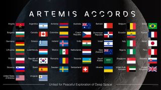 graphic showing 44 small flags beneath the words "artemis accords," with the moon in the background