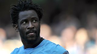 Manchester City's Ivorian striker Wilfried Bony reacts during the English Premier League football match between Manchester City and West Bromwich Albion at the Etihad Stadium in Manchester, north west England, on March 21, 2015. AFP PHOTO / STEVE PARKIN RESTRICTED TO EDITORIAL USE. NO USE WITH UNAUTHORIZED AUDIO, VIDEO, DATA, FIXTURE LISTS, CLUB/LEAGUE LOGOS OR LIVE SERVICES. ONLINE IN-MATCH USE LIMITED TO 45 IMAGES, NO VIDEO EMULATION. NO USE IN BETTING, GAMES OR SINGLE CLUB/LEAGUE/PLAYER PUBLICATIONS. (Photo credit should read steve parkin/AFP via Getty Images)