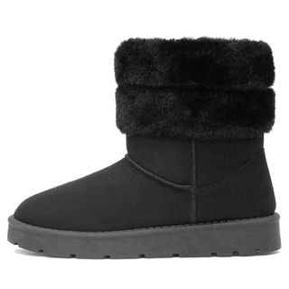 black UGG lookalike boots with faux-fur trim