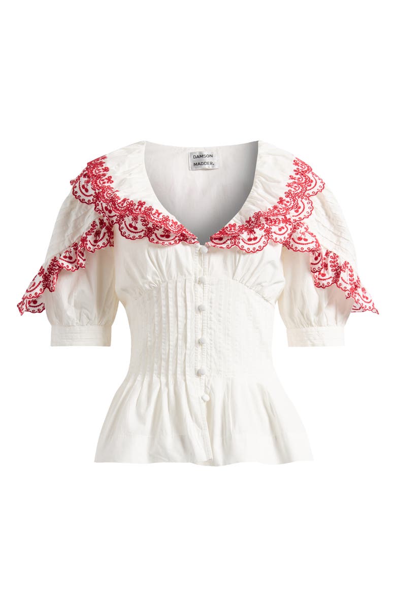 Caroline Cherry Embroidered Organic Cotton Peplum Top