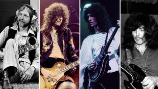 A montage of Duane Allman, Jimmy Page, Brian May and Tony Iommi playing guitar