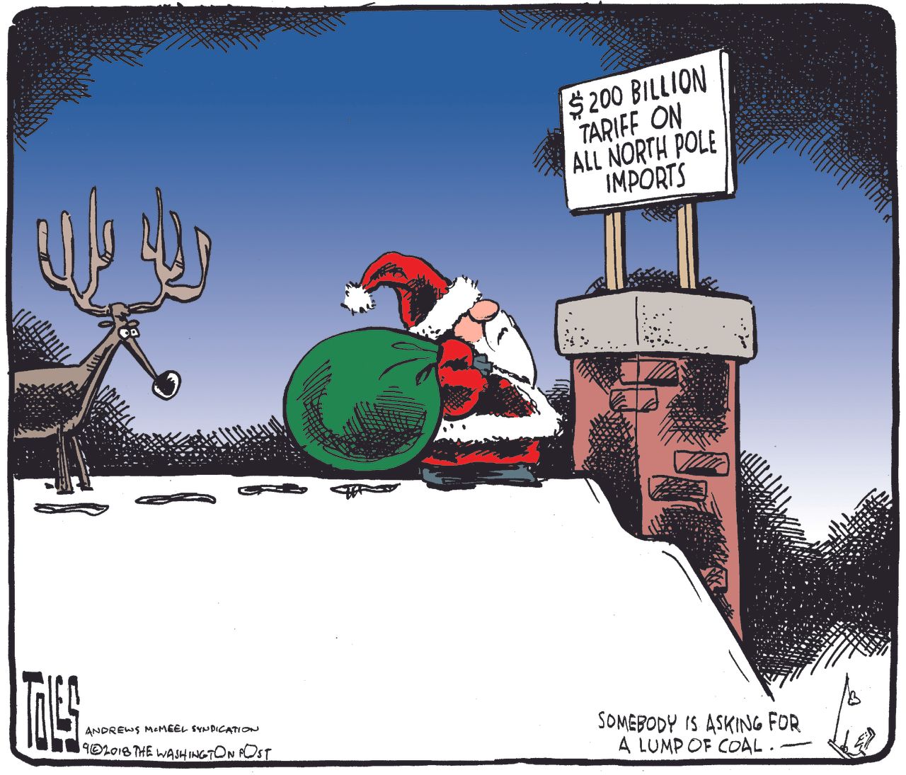 Political cartoon U.S. Santa Claus Trump China trade war tariffs