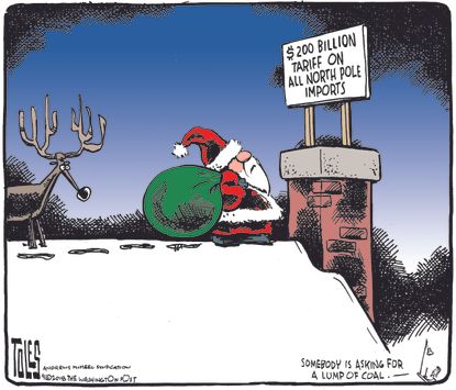 Political cartoon U.S. Santa Claus Trump China trade war tariffs