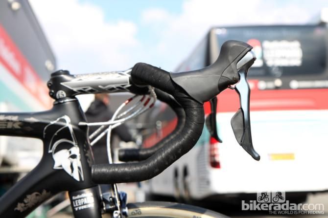 New Shimano Dura-Ace ST-9000 STI Dual Control levers are mounted high on Bontrager RL Anatomic bars.