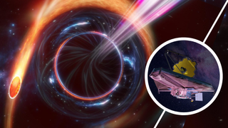 (Main) an illustration of a black hole ripping apart an unfortunate star (Inset) the JWST which has just observed these events for the first time.