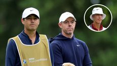 Harry Diamond (left) and Rory McIlroy look on during the 2025 BMW PGA Championship with an inset photo of Ted Scott (top right)