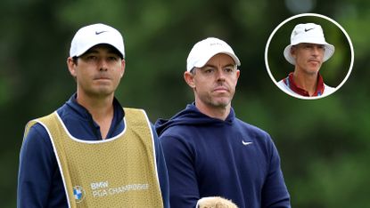 Harry Diamond (left) and Rory McIlroy look on during the 2025 BMW PGA Championship with an inset photo of Ted Scott (top right)