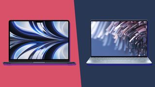 A MacBook Air and an XPS 13 against a pink and blue background