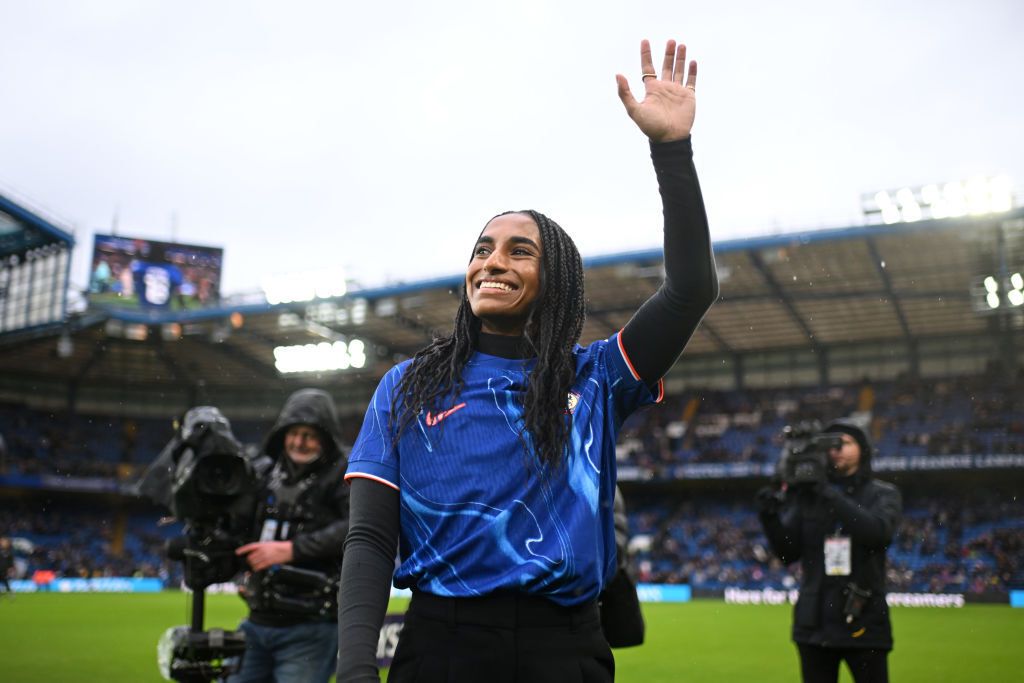 Naomi Girma of Chelsea waves to the crowd as she is unveiled as a Chelsea player prior to the Barclays Women&#039;s Super League match between Chelsea FC and Arsenal at Stamford Bridge on January 26, 2025 in London, England.