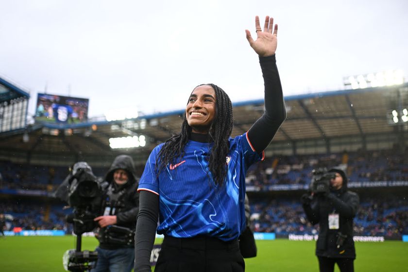 Naomi Girma of Chelsea waves to the crowd as she is unveiled as a Chelsea player prior to the Barclays Women&#039;s Super League match between Chelsea FC and Arsenal at Stamford Bridge on January 26, 2025 in London, England.