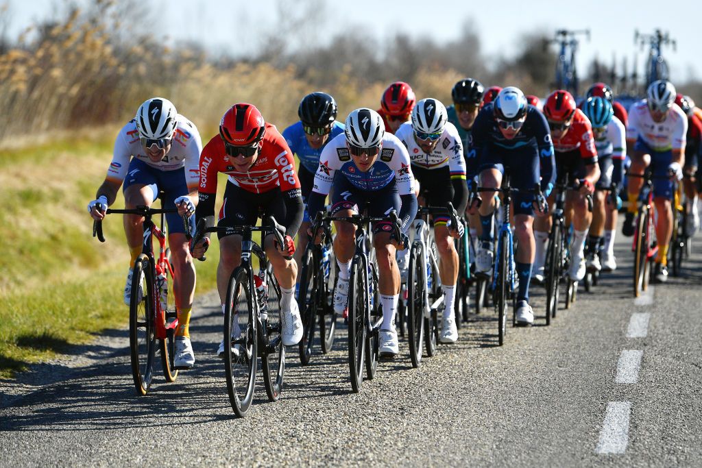 LES SAINTESMARIESDELAMER FRANCE FEBRUARY 11 Ilan Van Wilder of Belgium Julian Alaphilippe of France and Team QuickStep Alpha Vinyl Viktor Verschaeve of Belgium and Team Lotto Soudal and Matteo Jorgenson of United States and Movistar Team compete in the breakaway during the 6th Tour De La Provence 2022 Stage 1 a 1593km stage from Istres to Les SaintesMariesdelaMer TDLP22 on February 11 2022 in Les SaintesMariesdelaMer France Photo by Luc ClaessenGetty Images